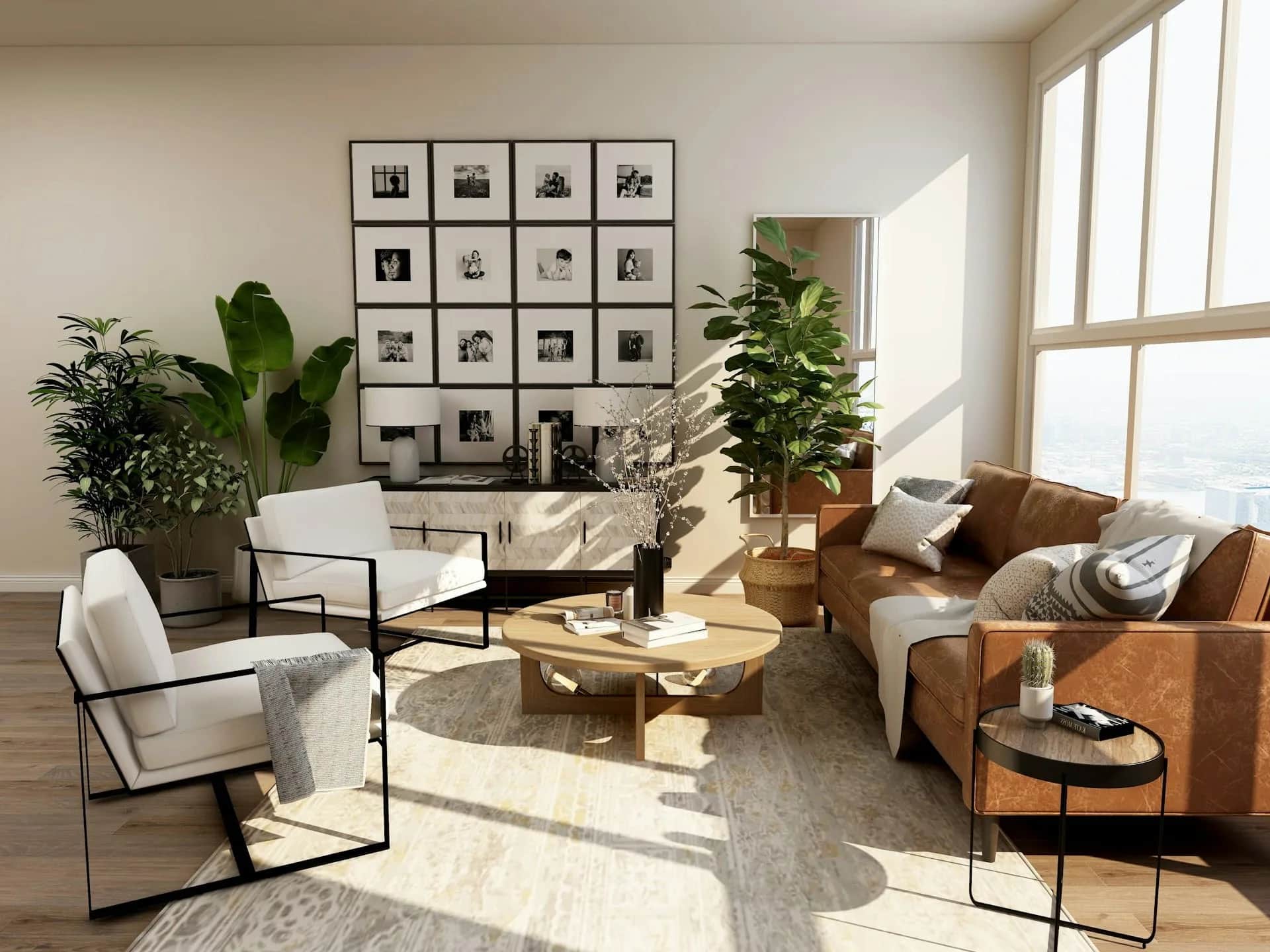 Modern living room interior with black leather sofa